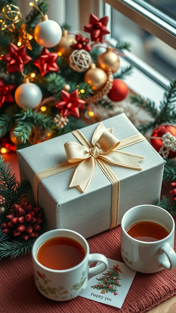 A wrapped Christmas gift with a bow on a festive table.